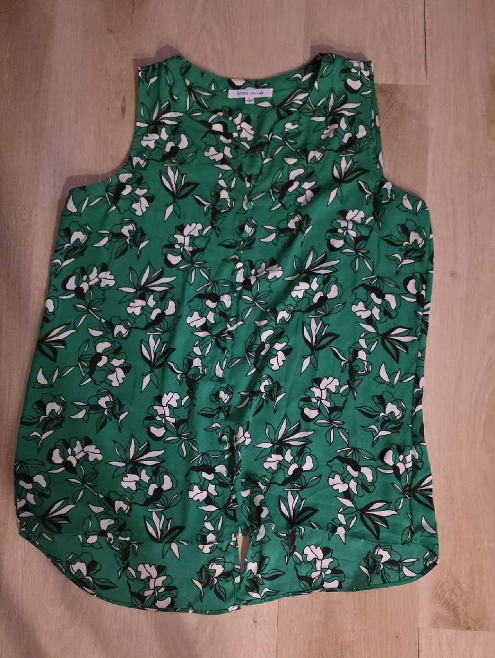 Rose & Olive Green Floral Ruffle-Front Sleeveless Blouse